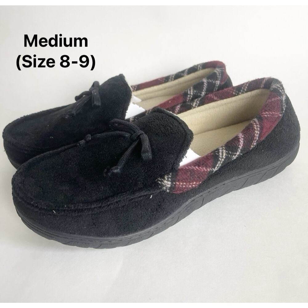 Totes Toasties Men's‎ Memory Foam Slippers Navy Blue Corduroy Plaid Medium 8-9